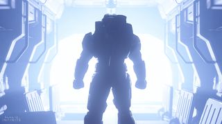 從後面的大師酋長的圖像，站在宇宙飛船灣的開口上，藍光氾濫，在Halo Infinite中