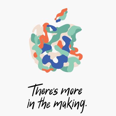 An Apple logo made of green, blue, beige, and red squiggles, with the text “There’s more in the making” underneath.
