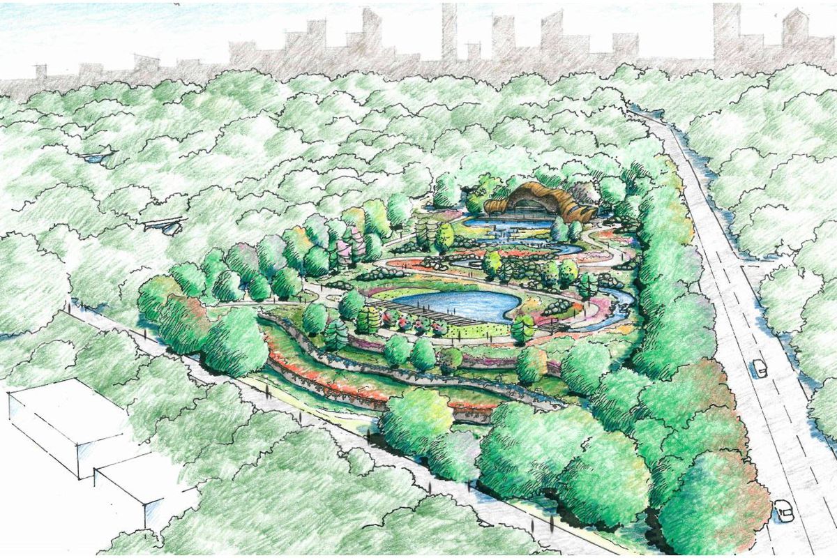 A hand-drawn aerial view of the gardens, with the skyline in the background.
