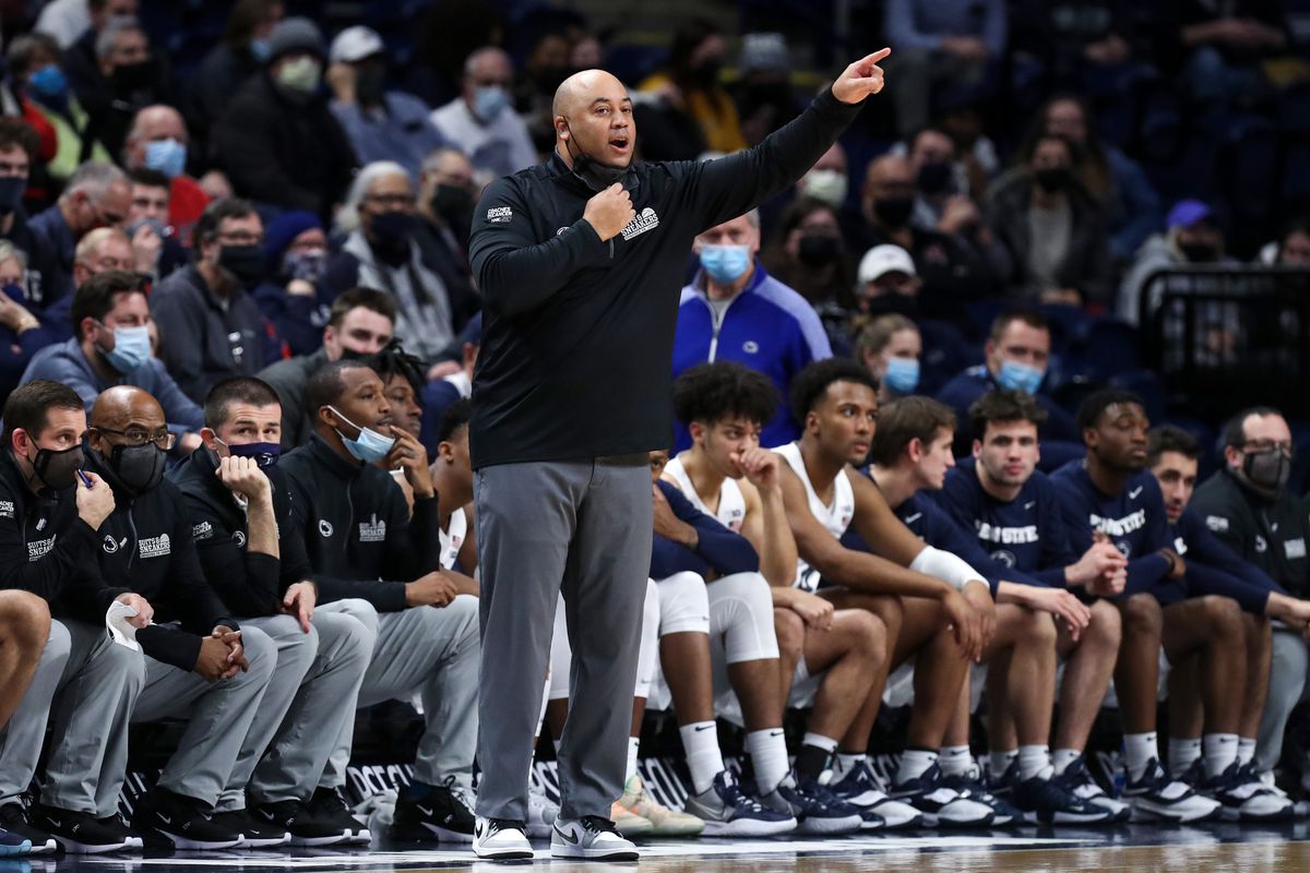 Penn State Nittany Lions head coach Micah Shrewsberry gestures from the bench during the second overtime against the Iowa Hawkeyes at Bryce Jordan Center. Penn State defeated Iowa 90-86 in double overtime.