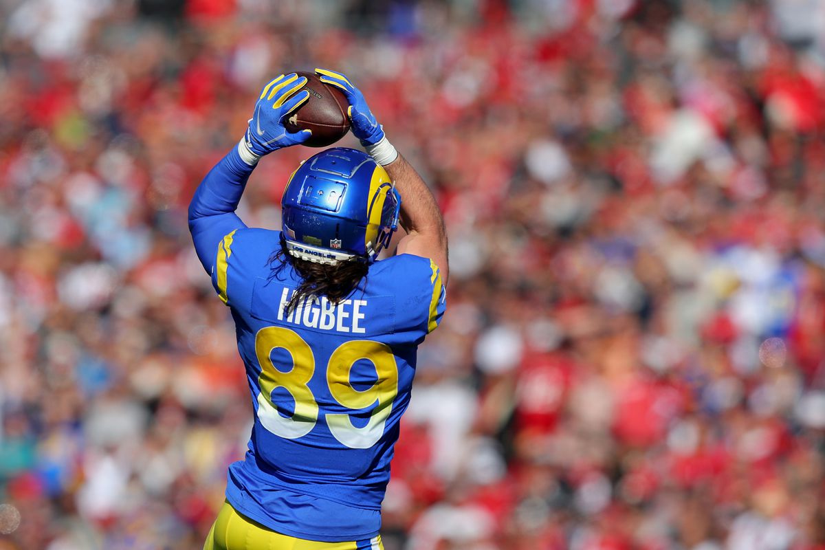 Tyler Higbee #89 of the Los Angeles Rams catches the ball in the first quarter of the game against the Tampa Bay Buccaneers in the NFC Divisional Playoff game at Raymond James Stadium on January 23, 2022 in Tampa, Florida.