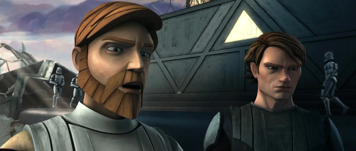 Obi-Wan Kenobi and Anakin Skywalker have looked better than they do in the Clone Wars movie. Here, they look off-screen, with Republic troopers behind them, as Obi-Wan talks.