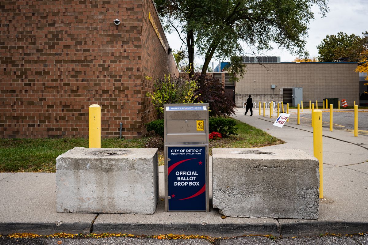 DETROIT, MI - OCTOBER 15: Absentee ballots drop-off box is seen outside one of the Satellite Voting Center at Adams-Butzel Recreational Complex during early U.S. Presidential Election voting in Detroit, Michigan on Thursday, October 15, 2020.