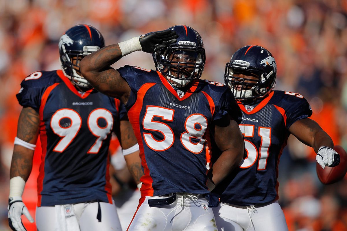The 2011 Denver Broncos Defense are an improved unit because of players like Kevin Vickerson (99), Von Miller (58) and Joe Mays (51).(Photo by Justin Edmonds/Getty Images)