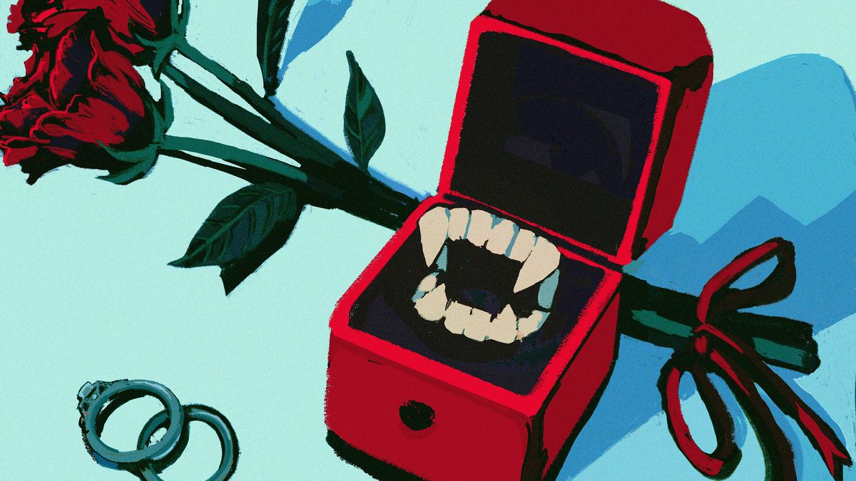 An original illustration shows vampire fangs inside a red wedding ring box, with two roses on the side.