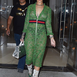May 25th: Rihanna wears a green sheer lace Gucci dress and a Dior handbag in NYC.