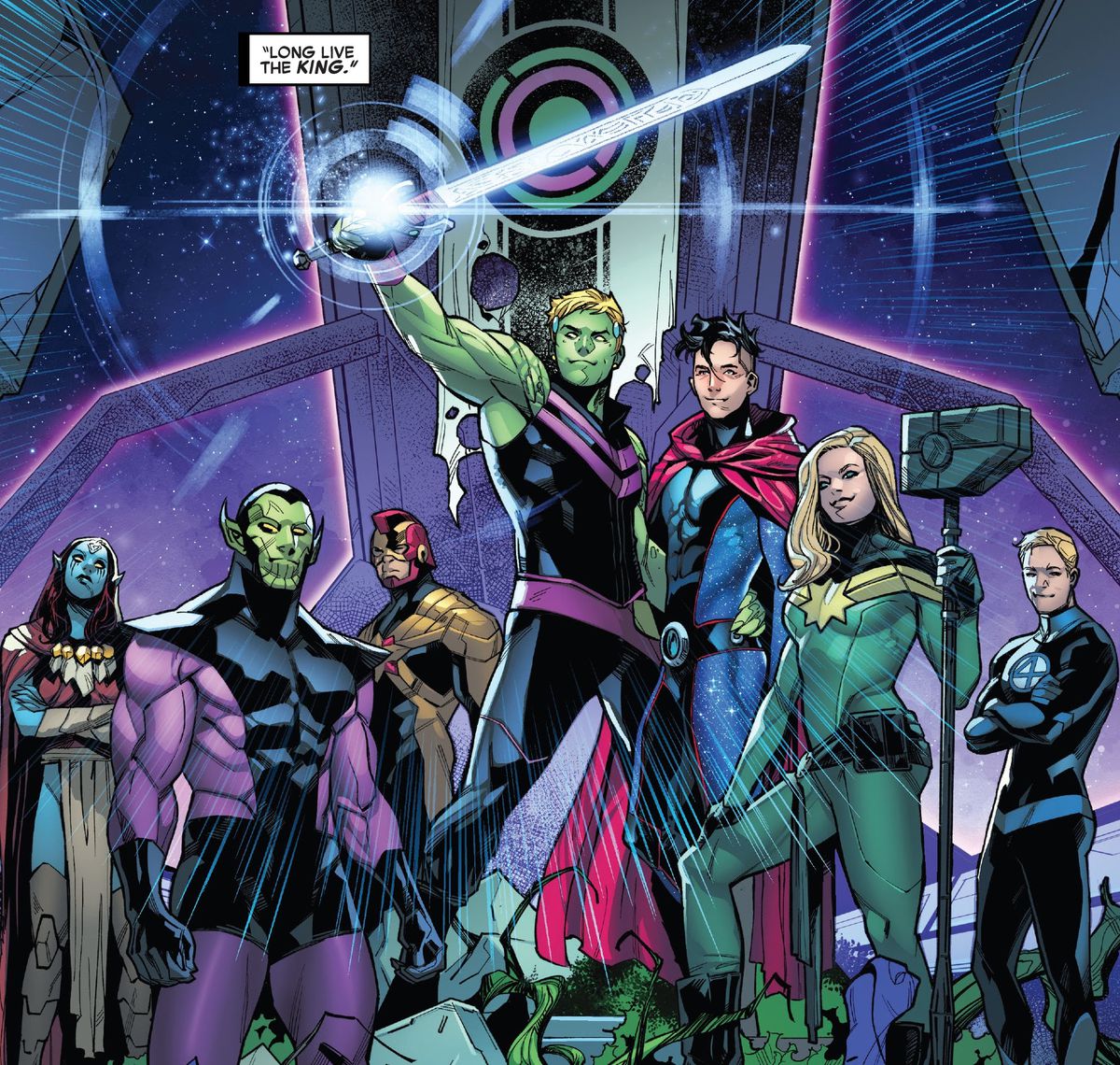 Teddy (Hulkling), emperor of the Kree/Skrull alliance, lifts his cosmic sword in triumph, flanked by his husband Billy (Wiccan) an Captain Marvel, the Human Torch, and more, in Empyre #6, Marvel Comics (2020).