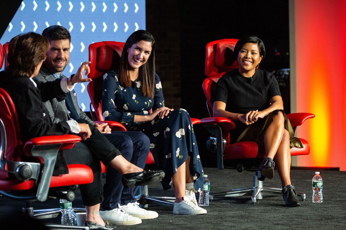 Kara Swisher, Jason Del Rey, Steph Korey, and Jen Rubio seated onstage at the 2019 Code Commerce Conference.