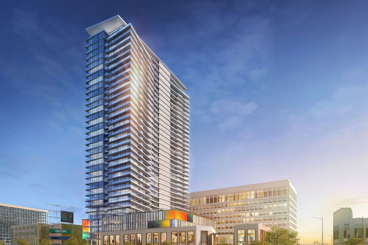 A rendering of a glassy 36-story mixed-use tower set to rise on Wilshire Boulevard between Serrano and Oxford. 