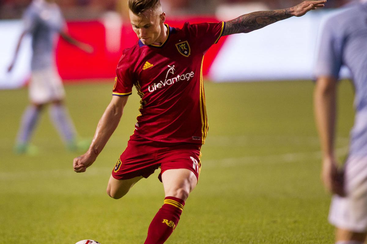 Albert Rusn‡k shoots on goal during the Real Salt Lake vs Sporting Kansas City game at Rio Tinto Stadium in Sandy on Saturday, July 22, 2017. 