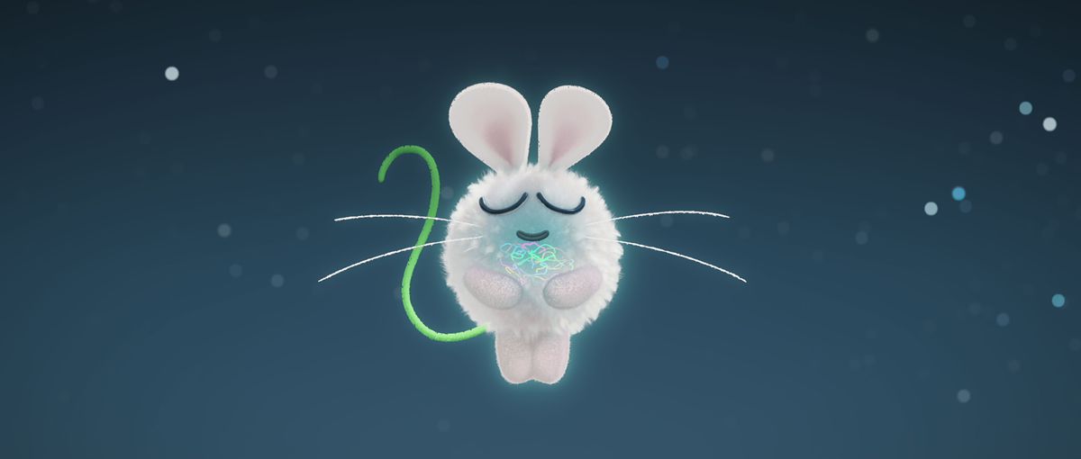 Quiet, a fluffy white mouse-creature who looks like a cotton ball with big round ears, long whiskers, and a green string for a tail, floats in mid-air with a tangle of colored lights in its chest in the animated DreamWorks movie Orion and the Dark