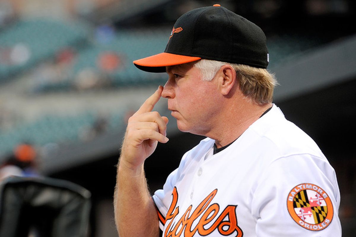 BALTIMORE - AUGUST 09:  Manager Buck Showalter of the Baltimore Orioles gives signs during the game against the Chicago White Sox at Camden Yards on August 9 2010 in Baltimore Maryland.  (Photo by Greg Fiume/Getty Images)