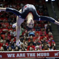 Kailah Delaney of Utah performs on the beam during NCAA gymnastics against Georgia in Salt Lake City, Saturday, March 12, 2016.