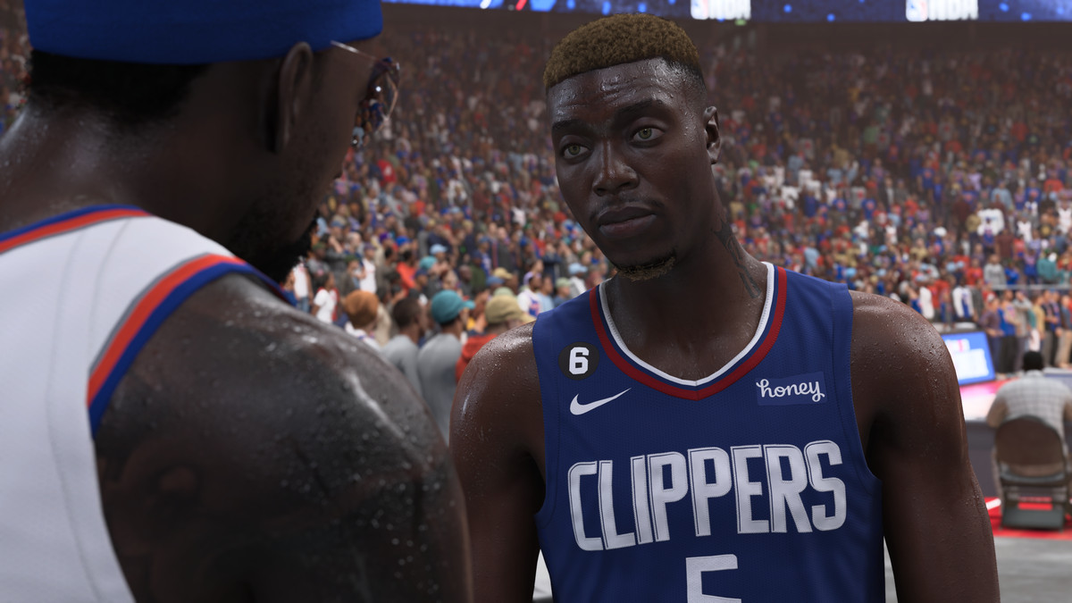 NBA 2K23 fictional superstar Shep Owens confronts the player character (foreground) after the two play in the NBA Summer League championship game