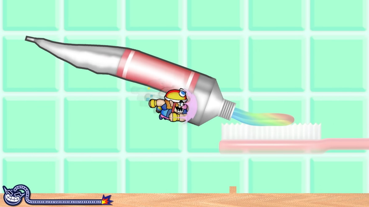 Wario punching a tube of toothpaste in WarioWare: Get It Together!