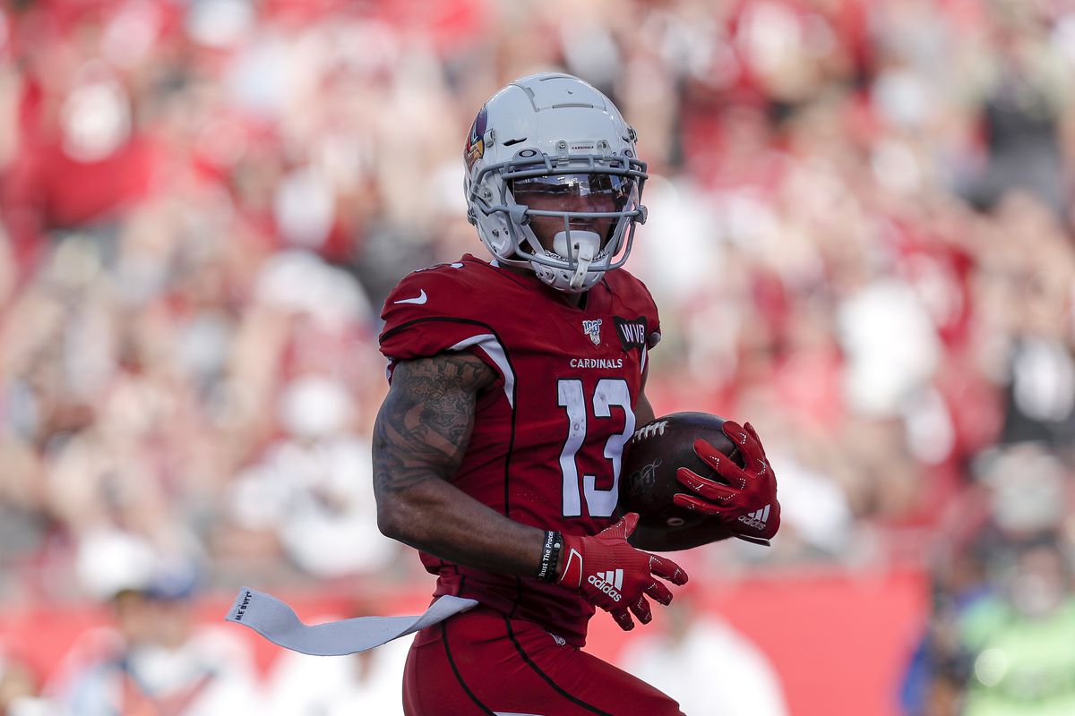 Wide Receiver Christian Kirk of the Arizona Cardinals runs in for a touchdown after a catch during the game against the Tampa Bay Buccaneers at Raymond James Stadium on November 10, 2019 in Tampa, Florida.