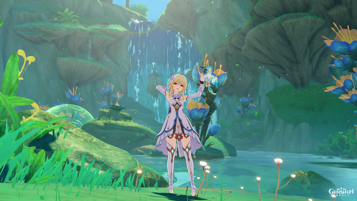 Lumine from Genshin Impact standing in front of some beautiful scenery. There’s a water fall, mushroom like cliffs jutting out from the cliffside, and giant human-sized flowers.