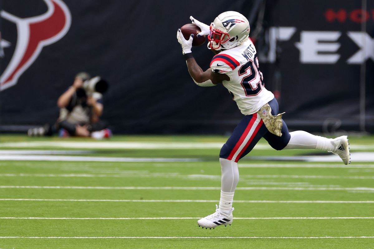 James White #28 of the New England Patriots makes a second quarter catch during their game against the Houston Texans at NRG Stadium on November 22, 2020 in Houston, Texas.