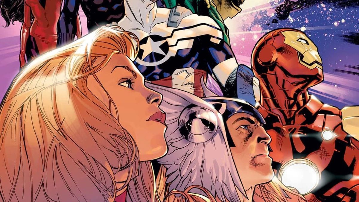 The Avengers pose dramatically, looking into the distance on the cover of Avengers #1 (2023). Pictured are (LtR and top to bottom) Scarlet Witch, Black Panther, Vision, Captain America, Captain Marvel, Thor, and Iron Man.