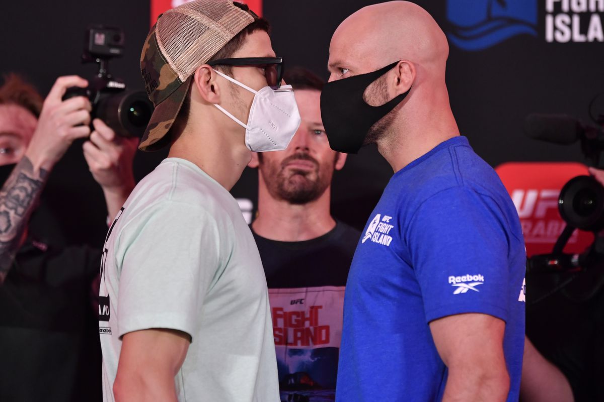 Opponents Movsar Evloev of Russia and Mike Grundy of England face off during the UFC Fight Night weigh-in inside Flash Forum on UFC Fight Island on July 24, 2020 in Yas Island, Abu Dhabi, United Arab Emirates.