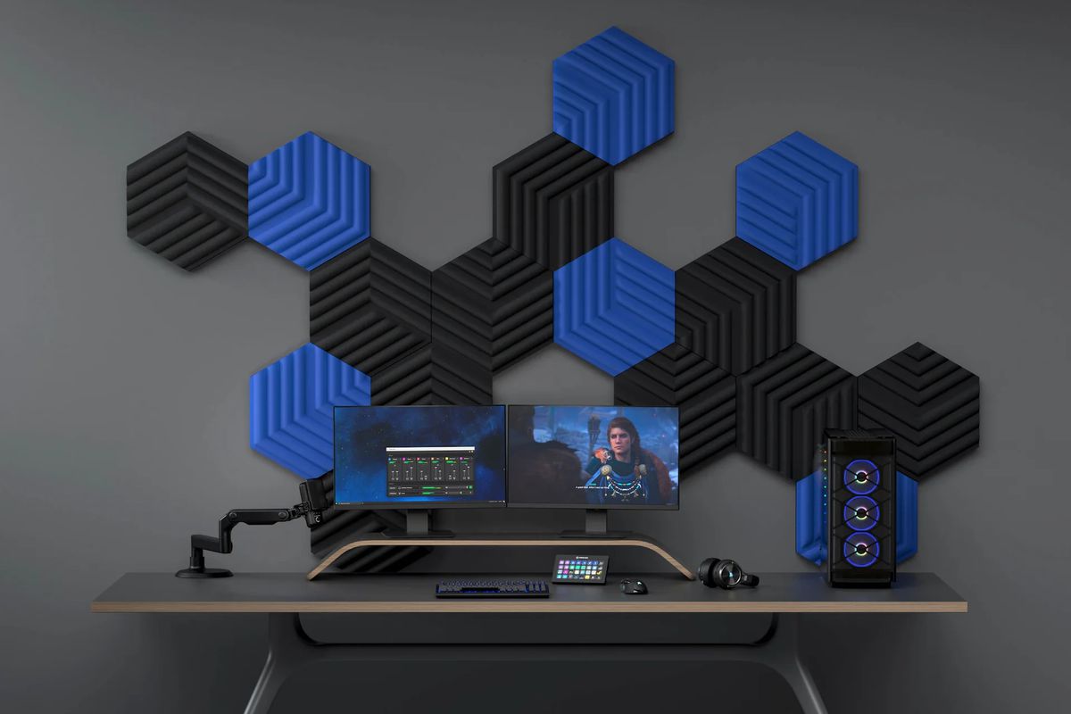 An image from Elgato showing a gaming desk that’s flanked with its Wave Panels. They are hexagonal in shape and can be arranged to make a cool design.
