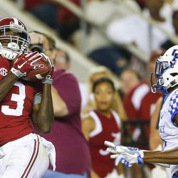 File-This Oct. 1, 2016, file photo shows Alabama wide receiver Calvin Ridley (3) catching a pass over Kentucky defensive back Jordan Griffin (3) during the second half of an NCAA college football game in Tuscaloosa, Ala. Ridley was named to the second team AP Preseason All-America Team on Tuesday, Aug. 22, 2017.  