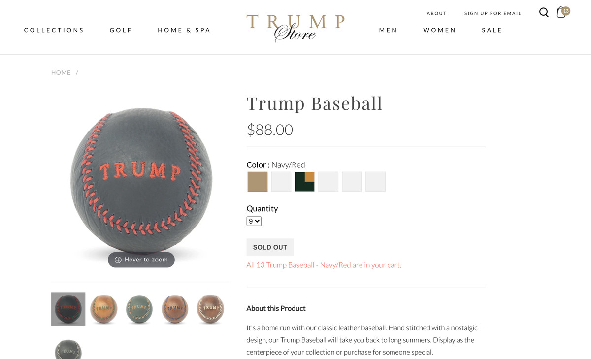 Trump Store baseball page showing “sold out” error
