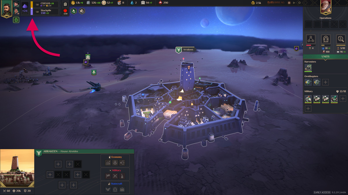A Dune: Spice Wars screenshot showing focused on the main base. In the upper left, an arrow points to the slider that controls how much spice is turned into solari as it’s harvested