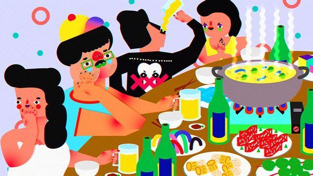 An animated image of people drinking at a table at a party from Wong Ping: Between Desire and Isolation