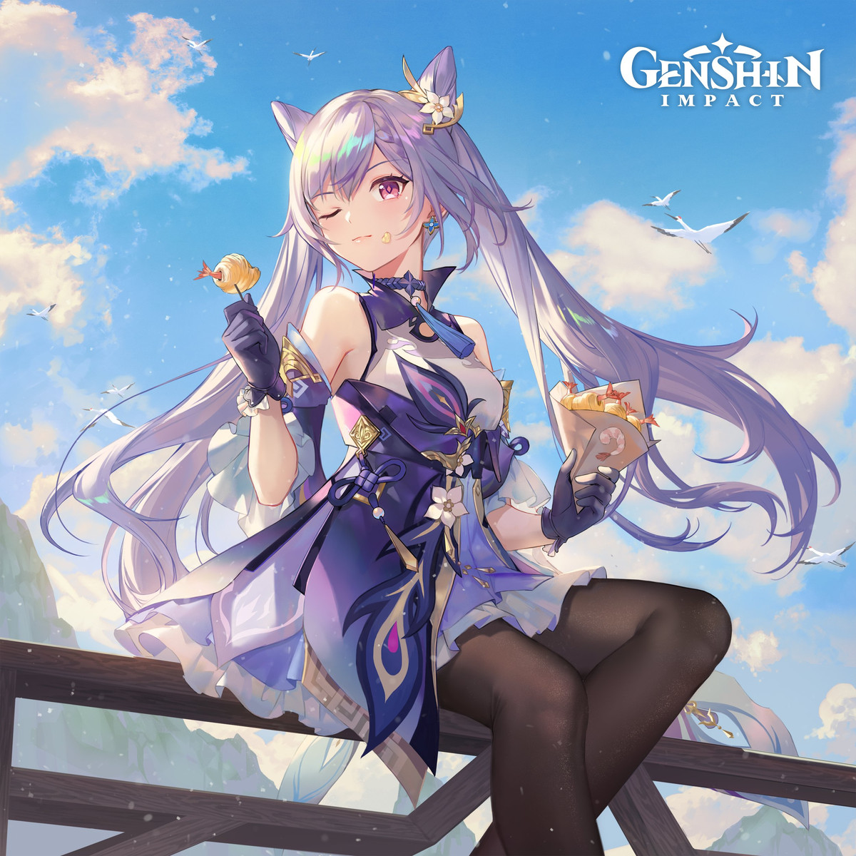 Keqing winks and strikes a pose while sitting on a fence in a promotional image for Genshin Impact