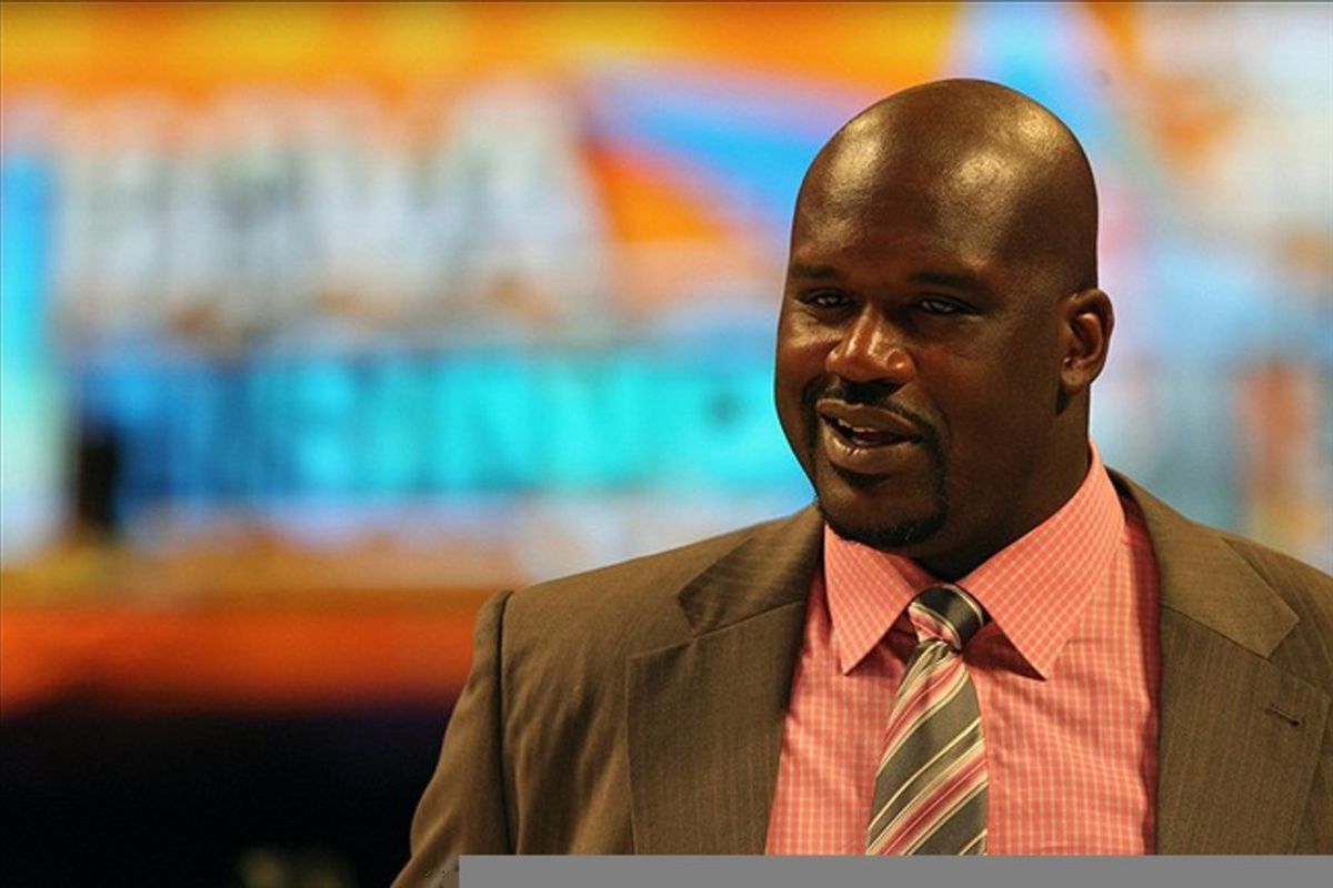 February 24, 2012; Orlando FL, USA; Team Shaq general manager Shaquille O'Neal before the BBVA rising stars challenge at the Amway Center in Orlando. Mandatory Credit: Kim Klement-US PRESSWIRE