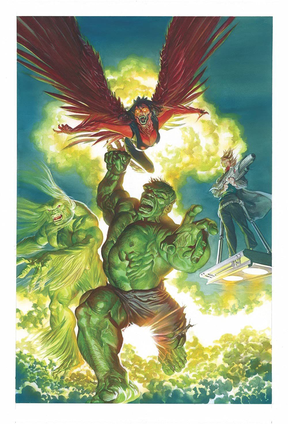 The Hulk, and allies leap towards the reader, with a massive green mushroom cloud behind them.