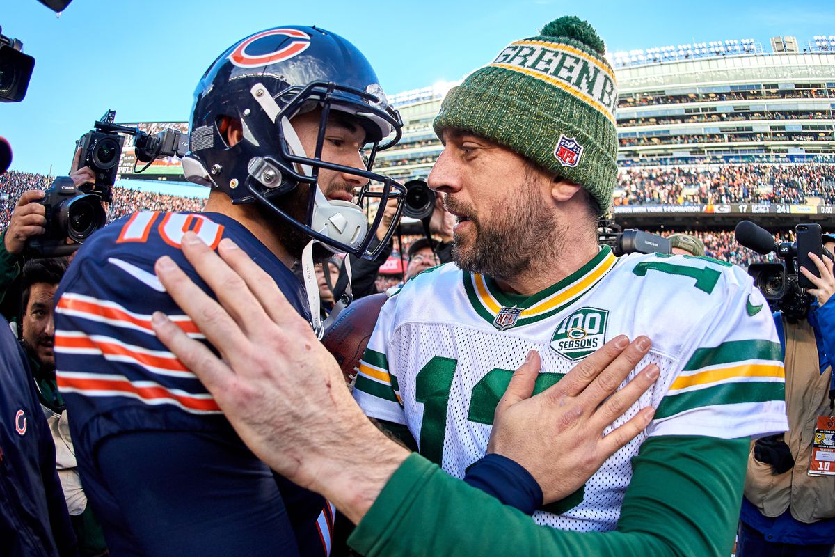 Green Bay Packers quarterback Aaron Rodgers congratulates Chicago Bears quarterback Mitchell Trubisky after game action during an NFL game between the Green Bay Packers and the Chicago Bears on December 16, 2018 at Soldier Field in Chicago, IL.