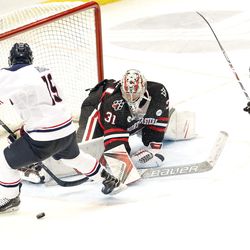 UConn's Brian Rigali (19) during the Northeastern Huskies vs UConn Huskies men's college ice hockey game game at the XL Center in Hartford, CT  on November 28, 2017.