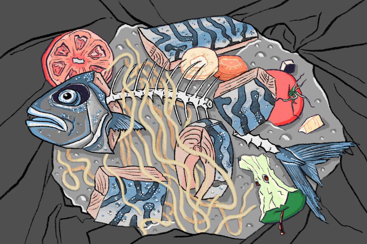 An illustration of a fish skeleton and fish meat in the garbage.