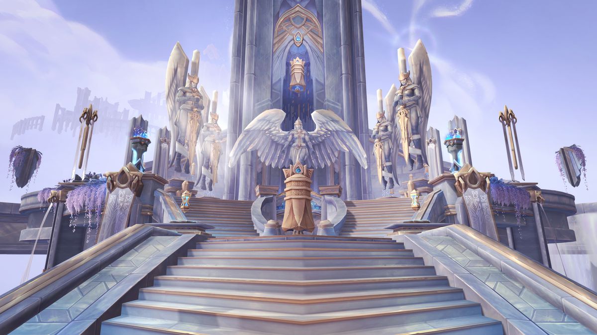 World of Warcraft - a shot of the Kyrian sanctum, a gleaming white bastion of safety beneath a blue sky.