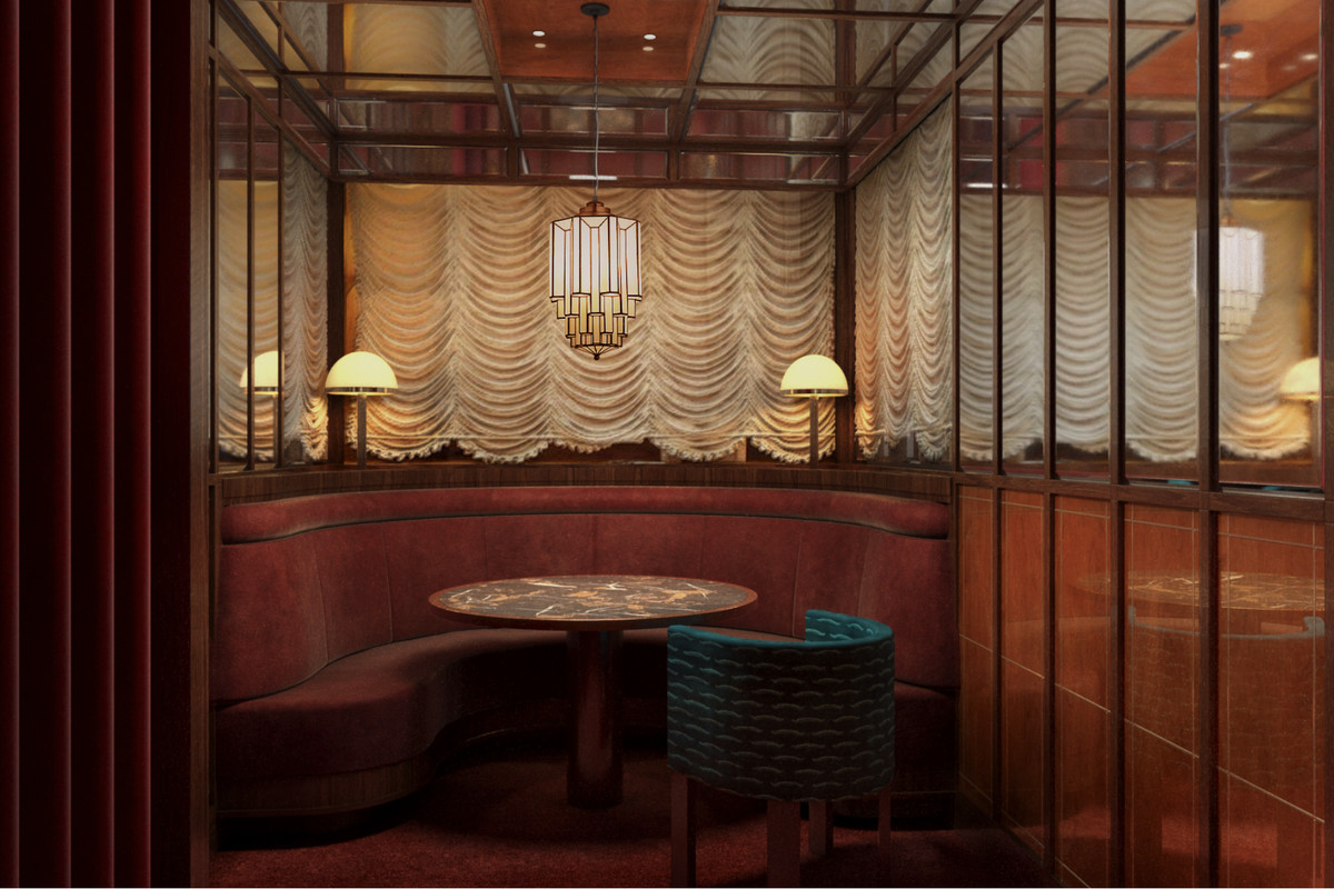 A rendering of a banquette at a restaurant with a chandelier overhead.