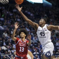 Brigham Young Cougars forward Fousseyni Traore (45) goes up for a layup as BYU plays Loyola Marymount in an NCAA basketball game at Marriott Center in Provo on Thursday, Feb. 24, 2022.