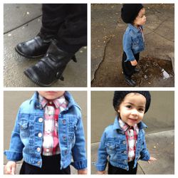 Little 77 by American Eagle plaid shirt and knit beanie, Old Navy harem pant, Baby Gap denim jacket, Zara boots