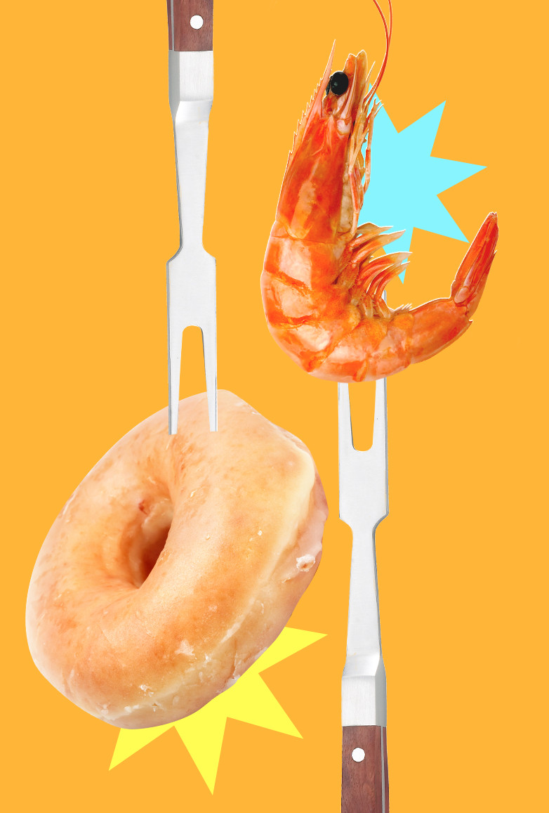 A photo illustration of a donut on a grill skewer and a shrimp on the other grill skewer depict the story of Chef Digby grilling unexpected things. 