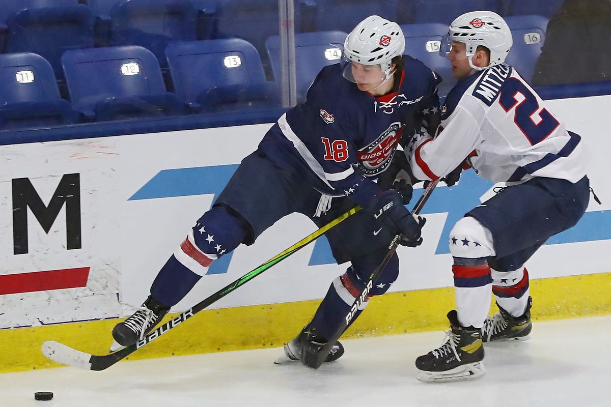 Cameron Lund #18 of Team Blue and Luke Mittelstadt #20 of Team White go after the puck in the third period of the USA Hockey All-American Game at USA Hockey Arena on January 17, 2022 in Plymouth, Michigan.