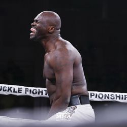 Maurice Jackson celebrates his KO on Saturday night at Bare Knuckle FC inside Cheyenne Ice & Events Center in Wyoming. 