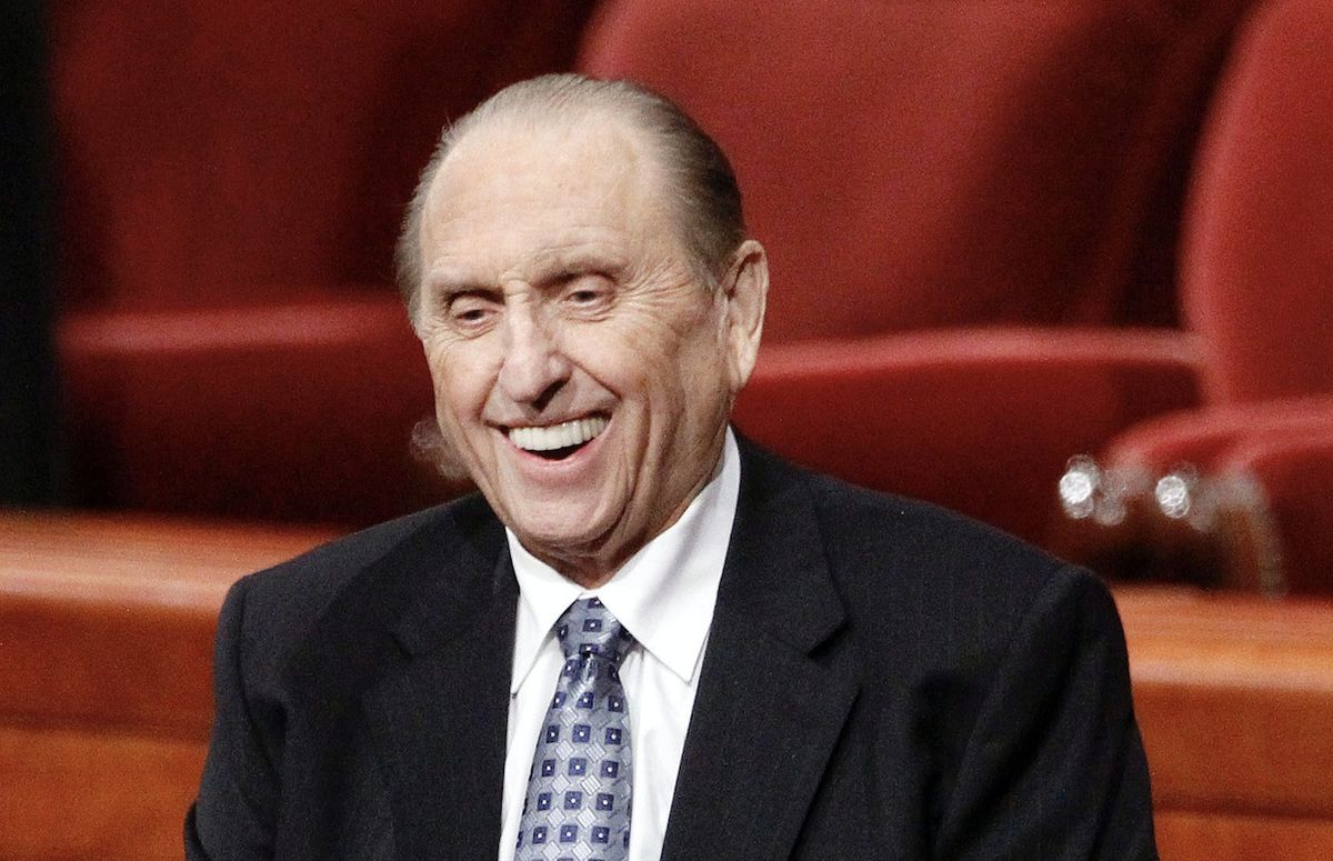 President Thomas S. Monson stops and smiles for some photos after the Sunday morning session of the 181st Semiannual General Conference of The Church of Jesus Christ of Latter-day Saints Sunday, Oct. 2, 2011. On Jan. 2, 2018, Monson passed away in his Sal