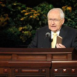 Elder L. Tom Perry, of the Quorum of the Twelve Apostles, speaks at the morning session of the 183rd Annual General Conference of The Church of Jesus Christ of Latter-day Saints in the Conference Center in Salt Lake City on Sunday, April 7, 2013.