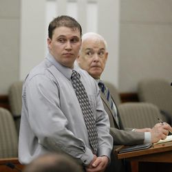 Shon Handrahan, left, appears in court Tuesday, March 17, 2015, in Farmington, with his attorney Ed Brass. Handrahan, who pleaded guilty in a case that spurred lawmakers to revise state law against so-called revenge porn, was sentenced to 60 days in jail. He pleaded guilty last month to two felony counts of distributing pornographic material. Authorities say the 31-year-old sent nude pictures of his estranged wife to her acquaintances in 2012. 