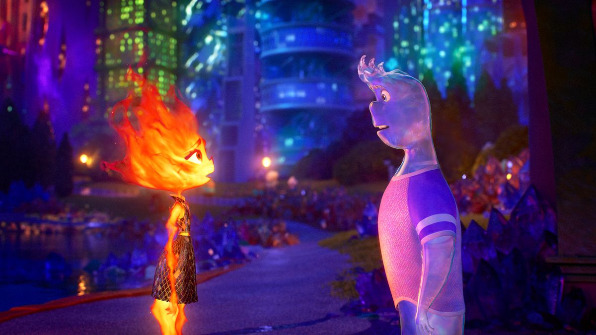 ember, a fire person, stares at wade, a water person. behind them is a nightscape of a city 
