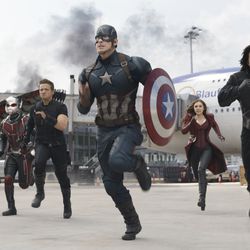 In this image released by Disney, from left, Paul Rudd, Jeremy Renner, Chris Evans, Elizabeth Olsen and Sebastian Stan appear in a scene from "Captain America: Civil War." Evans has wrapped his final performance as Captain America. Evans tweeted  Thursday, Oct. 4, 2018, that his last shooting day on “Avengers 4” was an “emotional day.”  The 37-year-old actor thanked his colleagues and fans for his eight years as Captain American, saying it “has been an honor.” “Avengers 4” is slated to open in May next year.