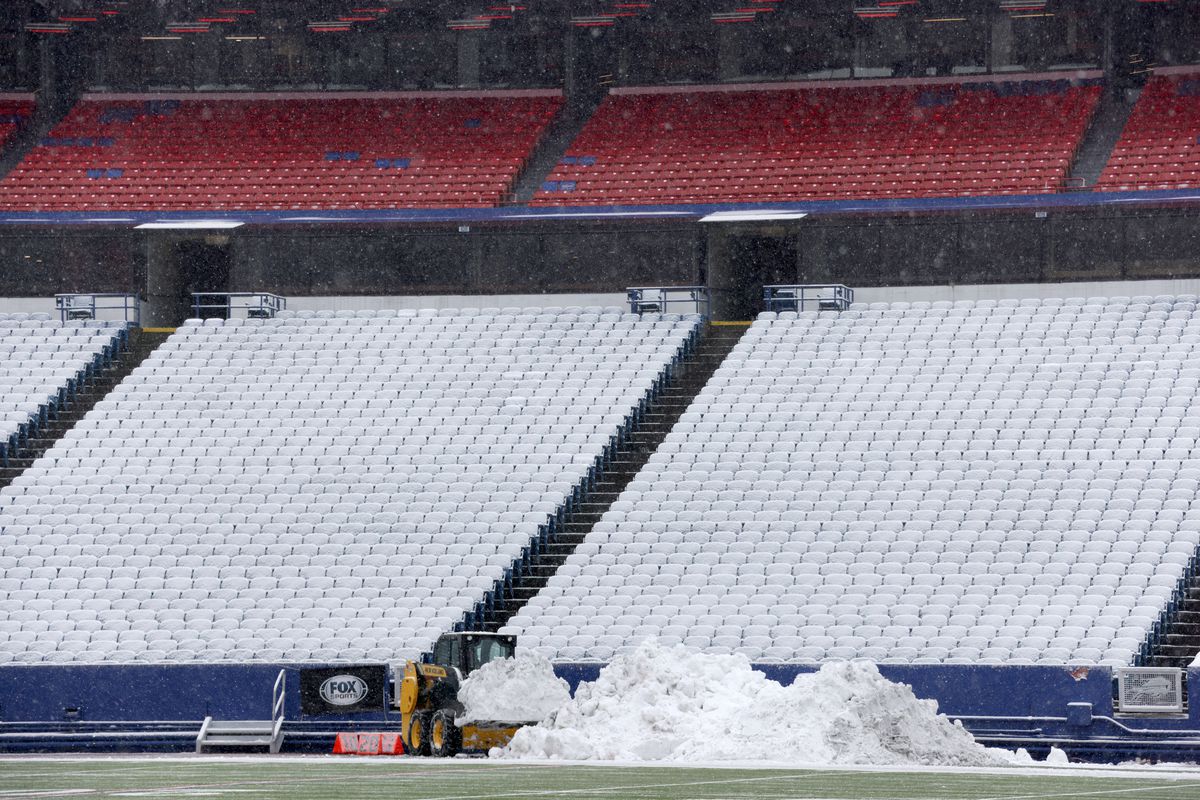 A general view of the snow covered seats at Highmark Stadium before a game between the Buffalo Bills and the Atlanta Falcons on January 2, 2022 in Orchard Park, New York.