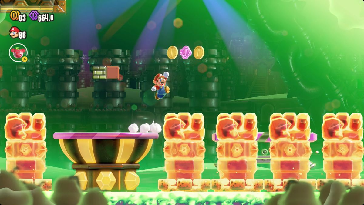 Super Mario Bros. Wonder KnuckleFest Bowser’s Blazing Beats screenshot showing the route to a Wonder Seed.