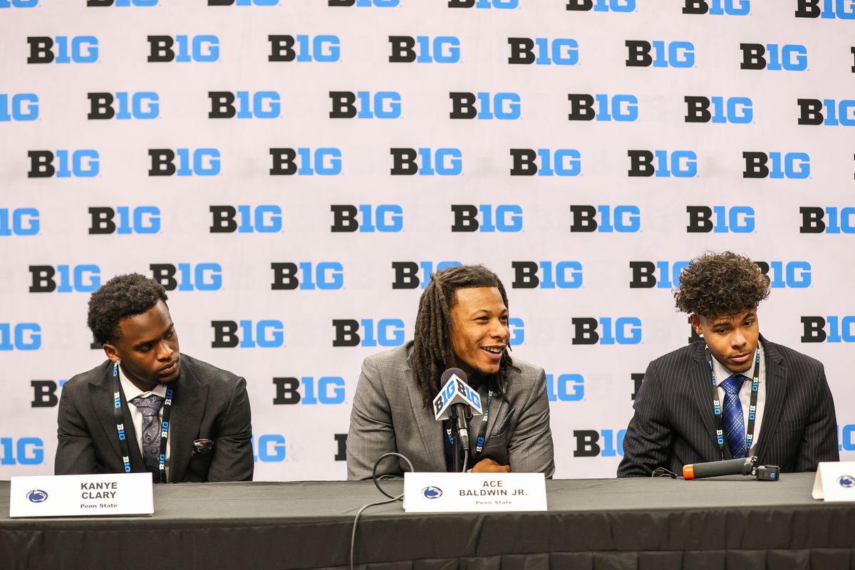 Penn State Nittany Lions players Kanye Clary, Ace Baldwin Jr. and Puff Johnson speak to the media during the Big Ten basketball media days at Target Center.